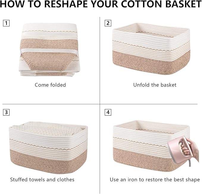 4 Pack Storage Baskets for Organizing, 15.75''x11.8''x7.87'', Decorative Cotton Rope Baskets with Wave-Patterned Embroidery, Small Woven Basket for Toys, Books and Towels, Brown&White
