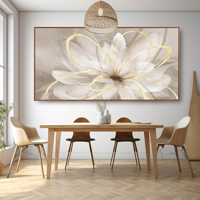 SOUGUAN Floral Wall Decorations Gold and White Canvas Wall Art Line Photo Prints 36"x70" Large Wall Painting for Living Room Office