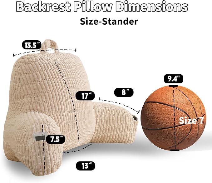 Reading Pillow for Sitting in Bed, Large Backrest Reading Pillow with Arm Rest,Back-Rest Support Cushion for Sit Up on Couch, Sofa, and Floor, Dorm Essentials (Cream Corduroy, Standard(17"))