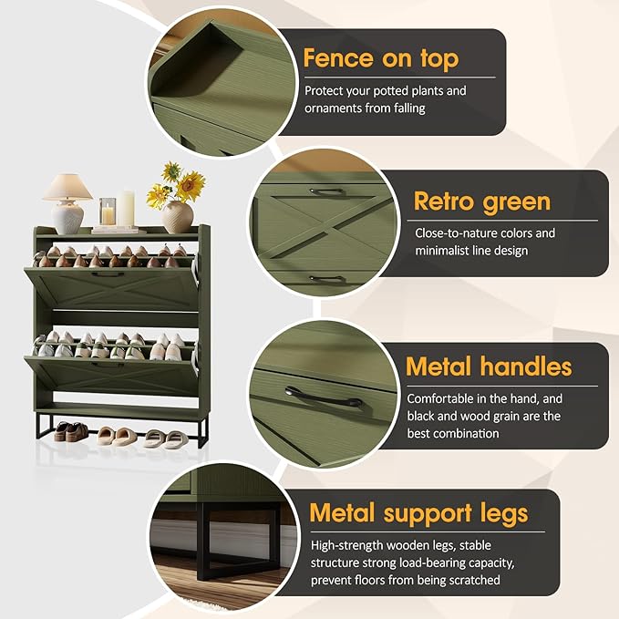 Maupvit Shoe Storage Cabinet with 2 Flip Drawers, Freestanding Shoe Organizer with Metal Legs for Entryway, Narrow Shoe Rack Cabinet, Green