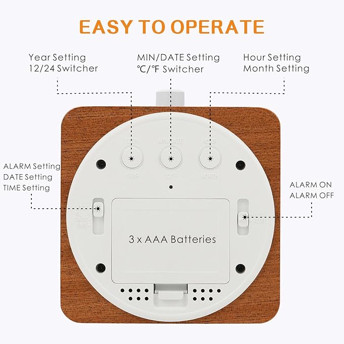 Plumeet Wooden Digital Alarm Clock for Bedrooms, Wood 4'' Battery Powered Alarm Clock with Snooze and Nightlight, Electronic LCD Desk Clock Display Time, Date, Temp, 12/24H, Wood Décor, Square, Sapele