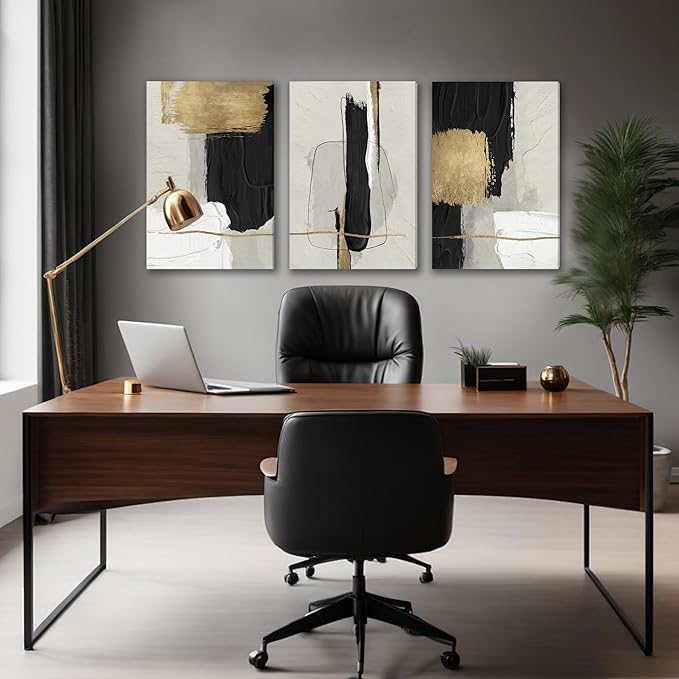 DUWQU 3 Piece Black and Gold Abstract Canvas Wall Art, Modern Black Gold and White Wall Decor, Minimalist Grey Beige Block Art Prints for Living Room Bedroom Office Home Decorations 16×24x3 Inch