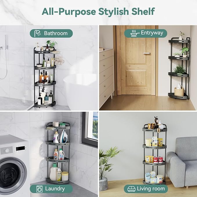 Corner Shower Caddy Stand, 4 Tier Standing Shower Organizer with Soap Holder, Rustproof Shower Shelves for Bathroom Shampoo Storage, Grey