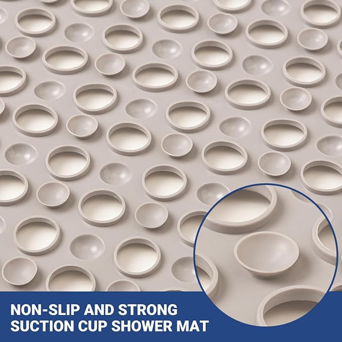 Non Slip Bathtub and Shower Mat 31x17 inch,Bath Mat with Quick Dry Drain Holes and Suction Cups, Soft Comfortable Safe Bathroom Mat for Bath Tub, Floor, Tile (Khaki)
