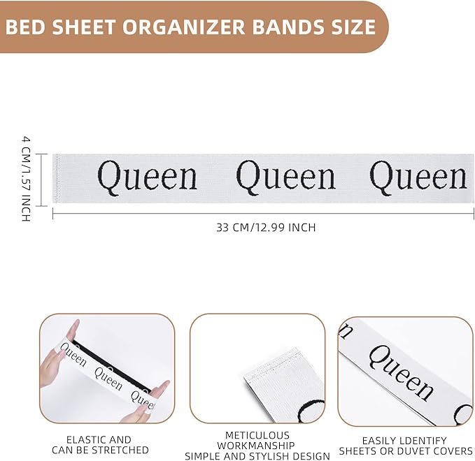 4PCS Bed Sheet Organizer Bands, Storage Labels and Sheet Keepers for Linen Closet - Elastic Bedding Straps for Foldable Bedsheet, Pillow Case, Duvet (Queen)