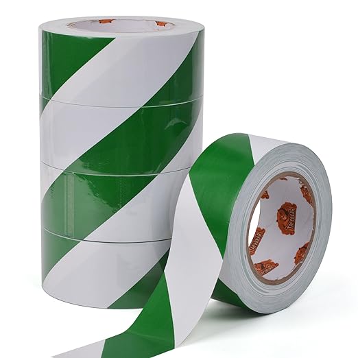 TAPEBEAR Hazard Caution Tape, 2inch x 150 Feet(50yds) Self Adhesive Warning Tape for Steps, High Visibility White&Green Tape for Halloween Outdoor Construction Warning, Danger Zone, 5Rolls