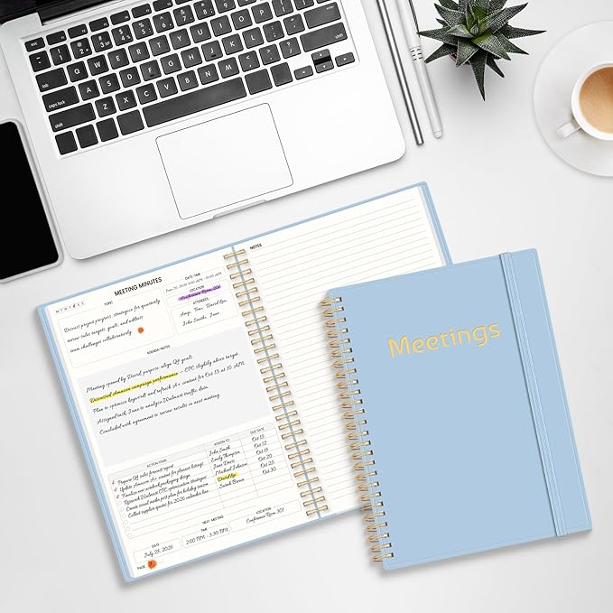 SUNEE Half Meeting Half Note 7"x10" Notebook for Work – 140 Pages, B5 Size Project Planner for Women&Men, Minutes Organizer for Meeting Notes, Ideas for Office/Business, PVC Waterproof Cover, Blue