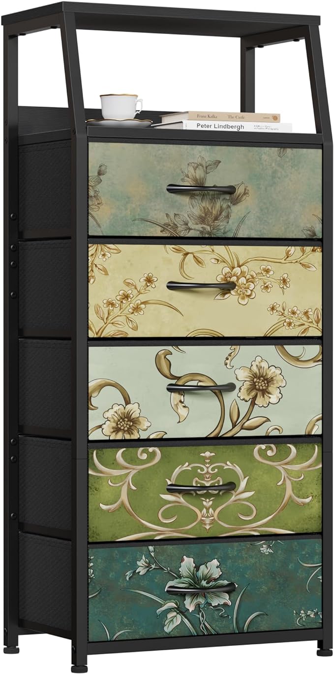 Furnulem Retro 5 Drawers Dresser, Tall Dressers for Bedroom, Closet, Hallway, Nursery, Fabric Storage Tower Organizer, Vertical Nightstand Side Table Furniture, Steel Frame, Wood Top