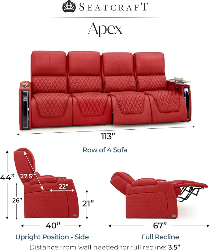Seatcraft Apex Zero-Gravity CoolZero Italian Leather Home Theater Seating, Powered Headrest, Powered Lumbar, Powered Recline, Row of 4 Sofa, Red