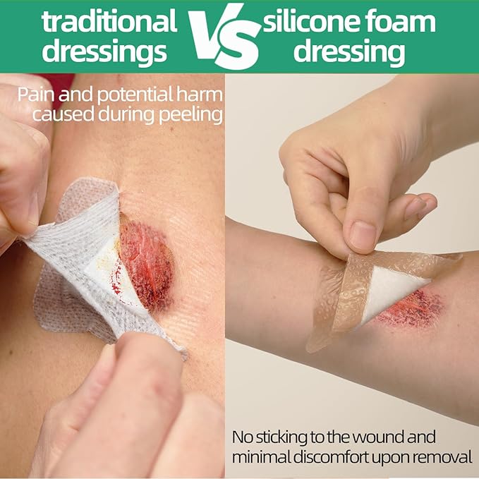Jointown Foam Wound Care Dressing, Adhesive Silicone Foam Dressing with Border, Waterproof Bed Sore Bandages, 3"x3", 5 PCS