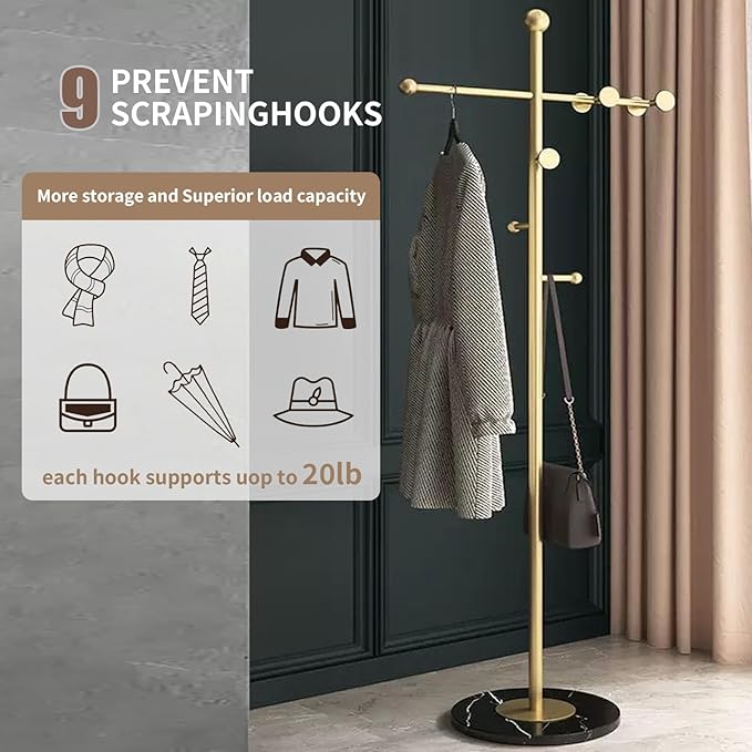 Modern Metal Coat Rack Stand, Heavy Duty T-shaped Coat Rack Freestanding with Natural Marble Base, 8 Hooks, Ideal for Bedroom, Entryway, Hallway, Office, Gifts for Women, for Mom, for Men (Gold)