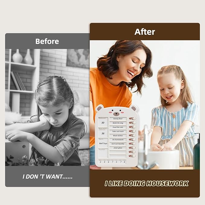 Weekly Chore Chart for Kids Dry Erase Chore Board,Behavior Chore Chart for Multiple Kids, Cute Visual for Kids Schedule Board for Home, Kids Checklist to Do List ADHD Tools (Bear,Plan, 2)