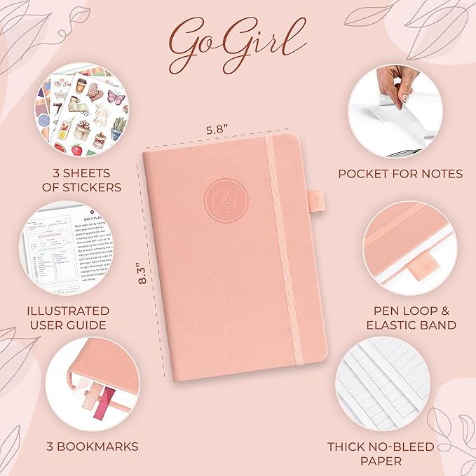 GoGirl Self-care Journal – Daily Mental Health Notebook with Mood & Wellness Trackers – Personal Development, Meditation & Reflection Journal for Women – Hardcover, Lasts 3 Months (Powder Rose)