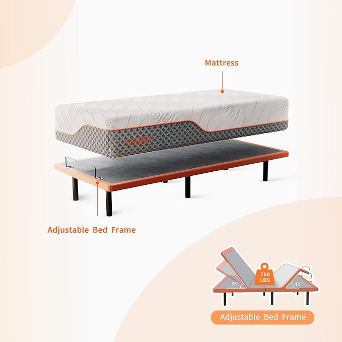 ESHINE Adjustable Bed Frame with 12" Hybrid Mattress with Luxury Gel Memory Foam(Medium), Split King Upholstered Bed Frames with Massage, Wireless Remote, USB, Under Bed Night Light, Head/Foot Incline