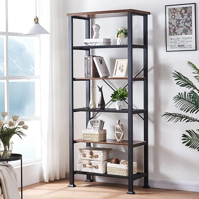 HOMBAZAAR 6 Tier Bookshelf,Grey Industrial Book Shelf,Engineered Wood and Metal Deep Bookshelves,Low Shelf Bookcase for Living Room,Office,Bedroom and Kitchen