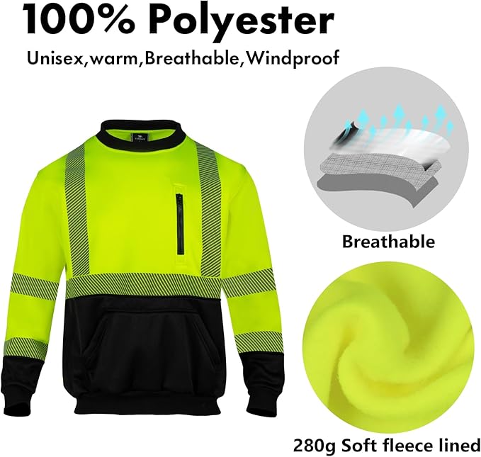 VENDACE Hi Vis Safety Sweatshirts for Men Reflective ANSI Class 3 High Visibility Construction Work Crew Sweatshirt No Hood
