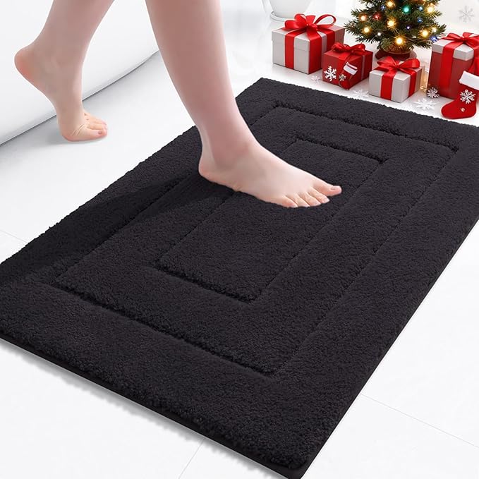 Buganda Bathroom Rugs, 24" x 16", Soft and Absorbent Microfiber Bath Rugs, Non-Slip Shaggy Shower Carpet, Machine Wash Dry Bath Mats for Bathroom Floor, Tub and Shower, Black