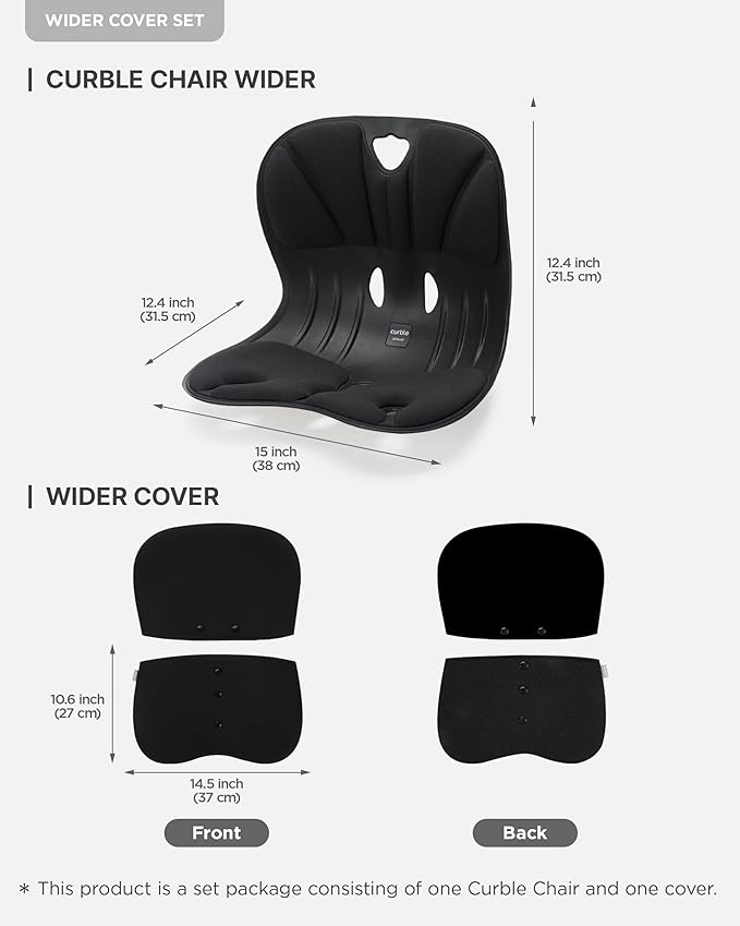 curble Wider(Standard Wide) Cover Set – Lower Back Support Chair with Detachable Cover, Lumbar Support Back Posture Corrector, Back Pain Relief (Set Black)