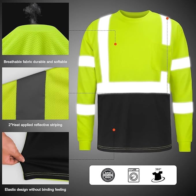 High Visibility Class 3 T Shirts，Hi Vis Safety Shirts with Reflective Strips and Pocket, Long Sleeve Quick Dry Mesh Construction Work Shirt for Men/Women Black Bottom Lime,5XL
