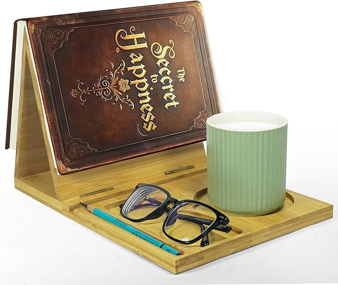 ZenRich Bamboo and Wooden Book Stand Holder for Page Rest, Unique Book Nook Reading Valet with a Cup, Glasses & Pen/Tablet/Kindle Holder. Foldable Bookmark – Ideal for Book Lovers