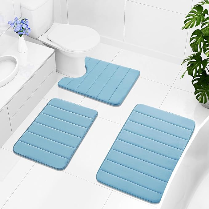 Buganda Memory Foam Bath Mat, 59" x 17", Ultra Soft and Non-Slip Bathroom Rugs, Water Absorbent and Machine Washable Bath Rug Runner for Bathroom, Shower, and Tub, Blue