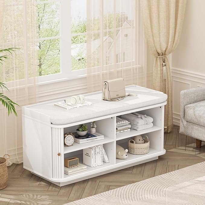 Hall Tree with Bench and Shoe Storage, Entryway Bench with Sliding Door Cabinet, Removable Padded, Metal Wall Hooks and Adjustable Storage Compartments, for Entry, Hallway, Living Room, White