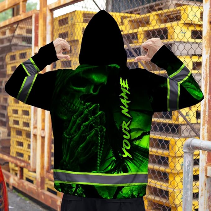 Maddly Hi Vis Reflective Zip Up Hoodie, High Visibility Safety Jacket with Skull Design for runner, worker, trucker, cyclist