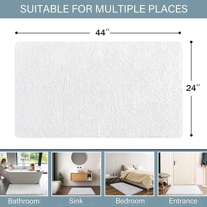 LOCHAS Luxury Bathroom Rug Shaggy Bath Mat 24 x 44 Inch, Washable Non Slip Bath Rugs for Bathroom Shower, Soft Plush Chenille Absorbent Carpets Mats, White