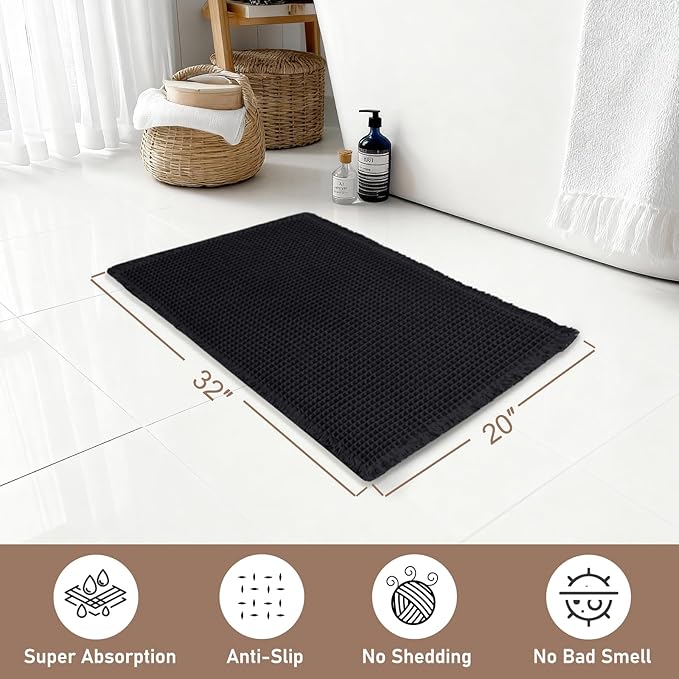Hiasan Waffle Bath Mat, Super Absorbent Non Slip Bathroom Boho Rug with Tassels, Machine Washable Bath Mats for Bathroom, Ultra Soft Rubber Backed Rug, Black, 20 x 32 Inches