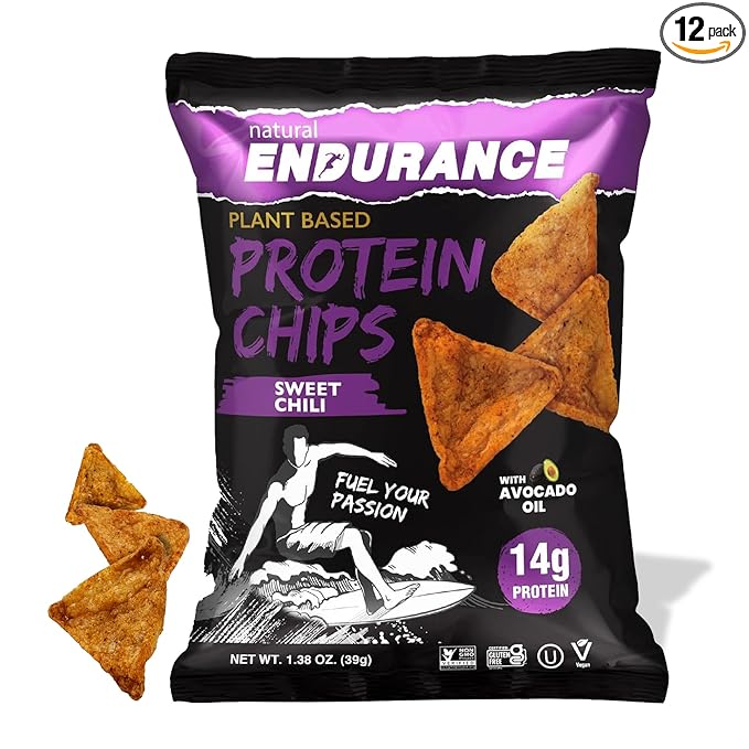 Natural Endurance Protein Chips - Low Carb Chips, High Protein Snack, Vegan Protein with Avocado Oil, 14g Protein Per Bag, Gluten Free, Sweet Chili Flavor - 1.38 oz Bags (Pack of 12)