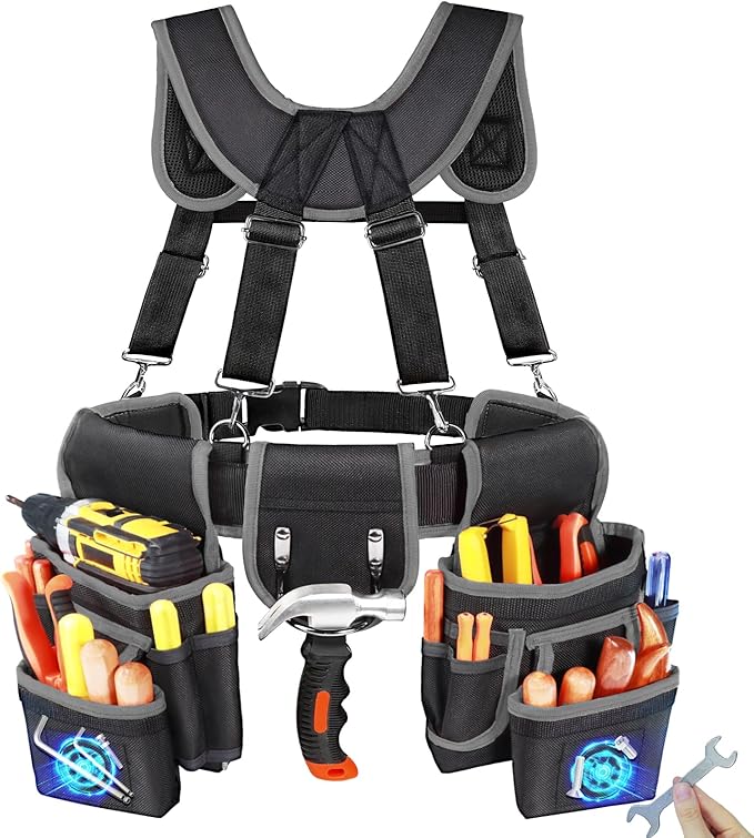 Tool Belt With Suspenders, Heavy Duty Magnetic Tool Belts for Men with 18 Pockets, Tool Belt with Adjustable 32 to 66 Inches Detachable Waist for Electricians, Carpenters, Framers, Black-Grey
