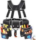 Tool Belt With Suspenders, Heavy Duty Magnetic Tool Belts for Men with 18 Pockets, Tool Belt with Adjustable 32 to 66 Inches Detachable Waist for Electricians, Carpenters, Framers, Black-Grey