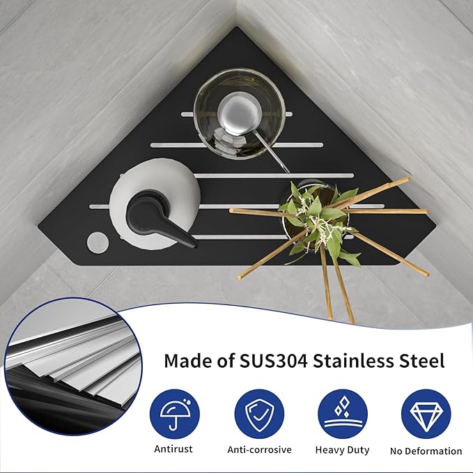 Corner Shower Shelves, Pentagonal Grout in Shelf w/Razor Holding Hole, 304 Stainless Steel Bathroom Shelf (Matte Black)