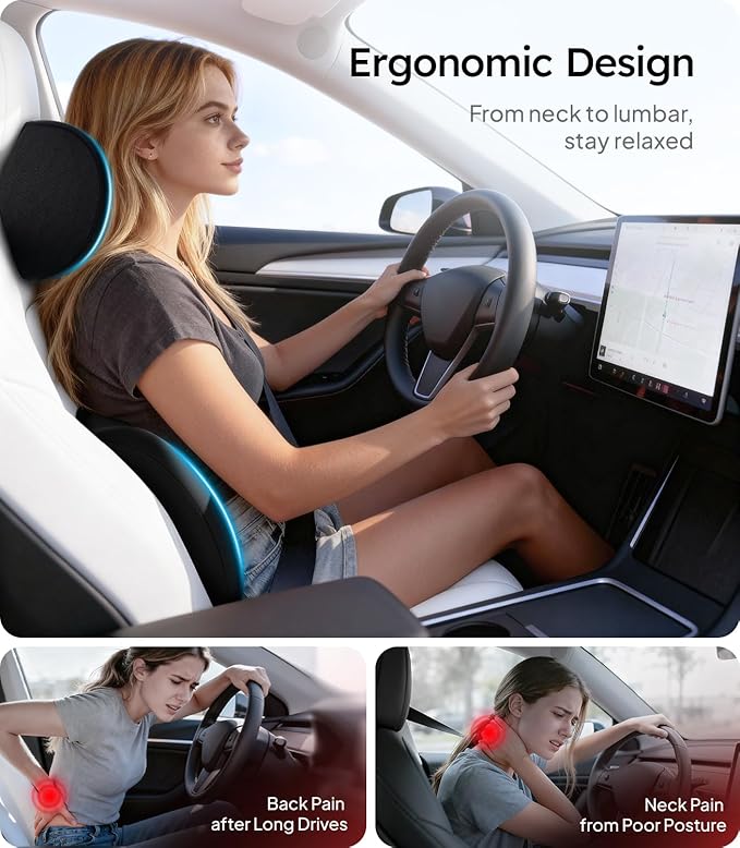 Wigoo 2025 Car Neck Pillow and Lumbar Support Pillow for Car Kit [Ergonomic Design, Pressure Relief] Soft Car Headrest Pillow Back Cushion with Adjustable Strap, Fits All Vehicles (Black)