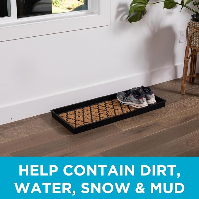 BIRDROCK HOME Rubber Boot & Shoe Tray | Coir Insert | 34" x 14" | Waterproof Shoe Tray for entryway | Trellis Pattern