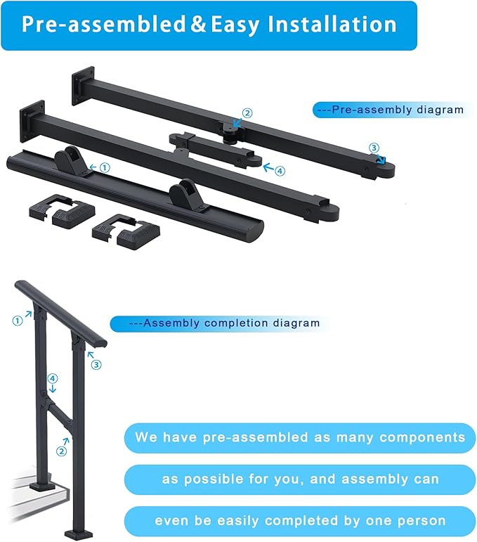 3 Steps Handrail for Outdoor Steps, Premium Aluminum Alloy Railing Set, Porch Railing Kit,Free Installation Kits Included, Used Under Harsh Weather Conditions,Rust Free, for 2-3 Steps