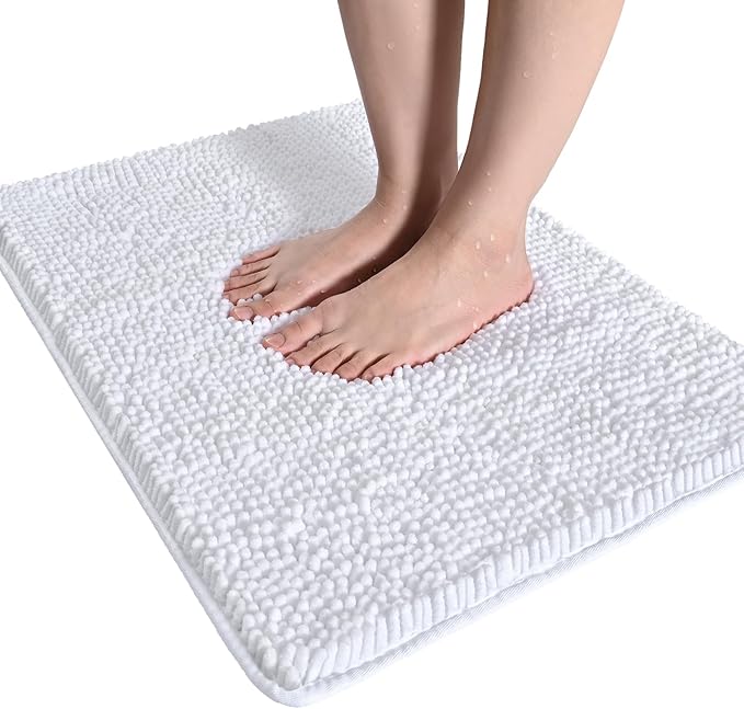 LOCHAS Luxury Bathroom Rug Shaggy Bath Mat 24 x 36 Inch, Washable Non Slip Bath Rugs for Bathroom Shower, Soft Plush Chenille Absorbent Carpets Mats, White