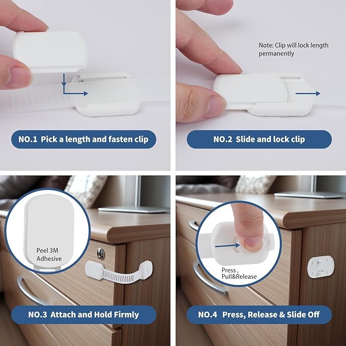 12 Pack Vkania Baby Proofing Cabinet Strap Locks - Child Safety Drawer Cupboard Oven Refrigerator Adhesive Locks - Adjustable Toilets Seat Fridge Latches - Kids Proof Kit - No Drilling