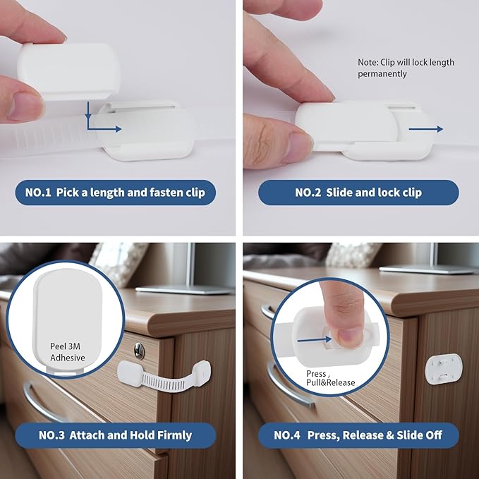 8 Pack Vkania Baby Proofing Cabinet Strap Locks - Child Safety Drawer Cupboard Oven Refrigerator Adhesive Locks - Adjustable Toilets Seat Fridge Latches - Kids Proof Kit - No Drilling