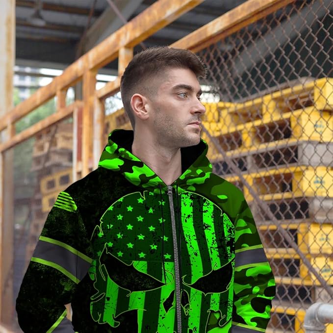 Maddly Hi Vis Reflective Zip Up Hoodie, High Visibility Safety Jacket with Skull Design for runner, worker, trucker, cyclist