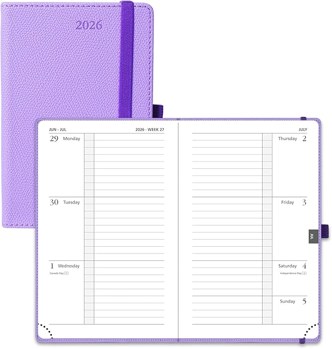 POPRUN 2026 Weekly & Monthly Planner Calendar,Pocket 4'' x 6.25'', Horizontal Layout with Lined Sections, Jan. 2026 - Dec. 2026, Leather Hardcover, 100GSM Paper, Inner Pocket - Lavender