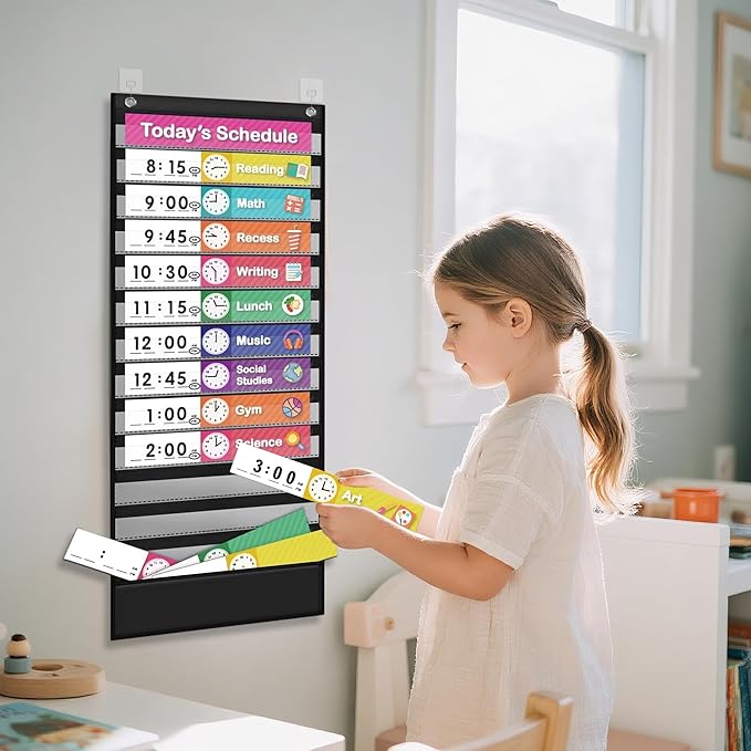 Eamay Daily Schedule Pocket Charts, Teaching Chart, Hoom, Eamay Daily Scheduling Pocket Chart with 13+1 Pockets, 18pcs Dry Erase Cards and 2 Hooks (Black-2)