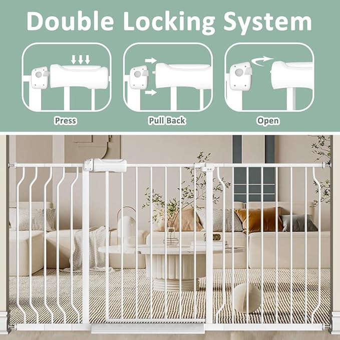 TSAYAWA Extra Wide Baby Safety Gate 29.6-33.8Inch Auto Close Child Gates, Pressure Mounted Gate for Stairs & Doorways, Indoor/Outdoor Heavy-Duty Pet Gate for Toddlers, Dogs, White
