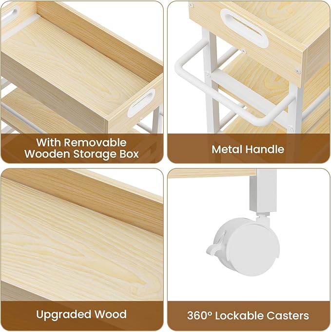 Slim Storage Cart, 4 Tier Rolling Cart with Handle, Kitchen Cart on Wheels, Metal Frame Narrow Cart for Small Spaces for Dining Room, Bathroom, Laundry Room, Office White