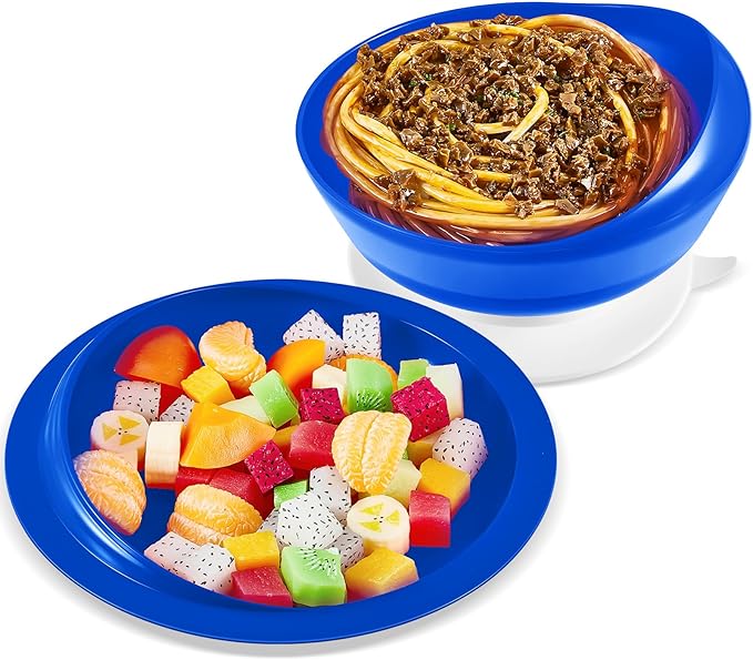 Hushee Adaptive Spill Proof Scoop Bowl and Plate Set with Suction Base Non Skid Self Feed Dinnerware for Elderly Disabled Handicapped from Parkinsons, Dementia, Stroke, Tremor(1 Set,Blue)