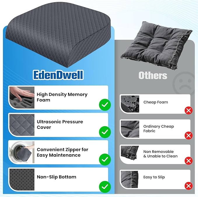 Seat Cushion, Memory Foam Chair Pad, Non-Slip Cushion for Office, Home, Car, Large Desk Chair Cushion, Washable Cover & Handle, Large, Grey