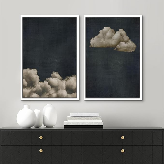 MUDECOR Framed Canvas Print Wall Art Vintage Cloudscape Dark Moody Sky with Floating Clouds Illustrations Modern Art Decorative Chic for Living Room, Bedroom, Office - 24"x36"x2 White