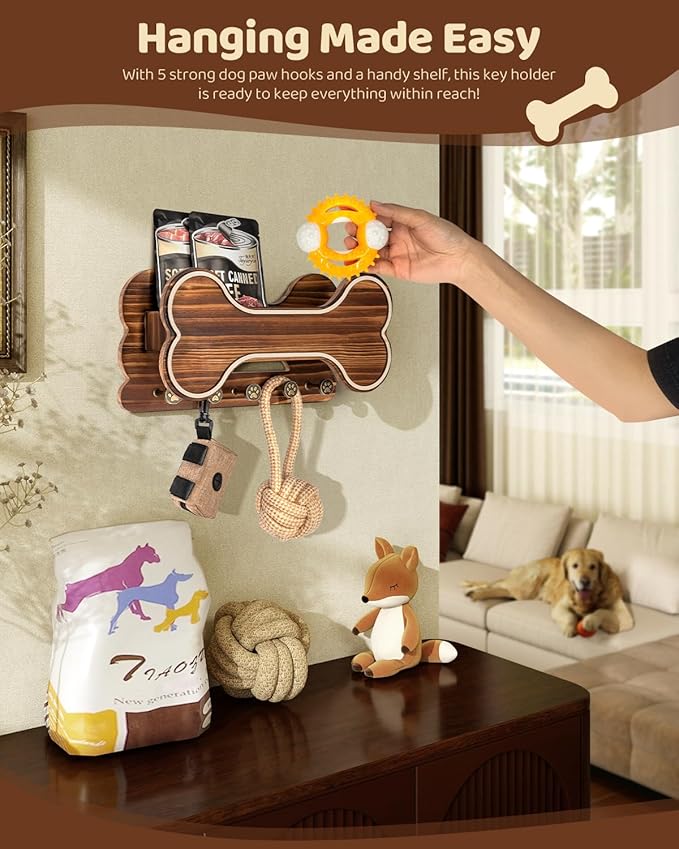 MTERSN Farmhouse Dog Leash Holder for Wall - Dog Stuff Organizer and Doggie Bone Key Holder Wall Mount with 5 Decorative 3D Puppy Paw Hooks & Storage Shelf - Ideal Home Decor (Brown)