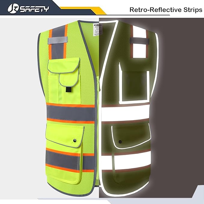 JKSafety 9 Pockets Hi-Vis Neon Yellow Zipper Front MESH Safety Vest with Fluorescent Orange Extend Edge outlining the Reflective Tapes Meet ANSI/ISEA Class 2 Standard (100 Yellow, 3XL)