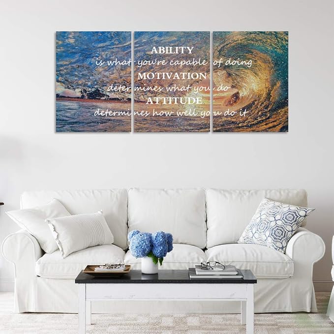 Inspirational Posters Motivational Wall Art Canvas Painting Sunrise Blue Sea Ocean Natural Landscape Wall Decor Sunset Ocean Beach Wall Art Poster Seascape Prints Artwork Wooden Framed - 36" Wx16 H